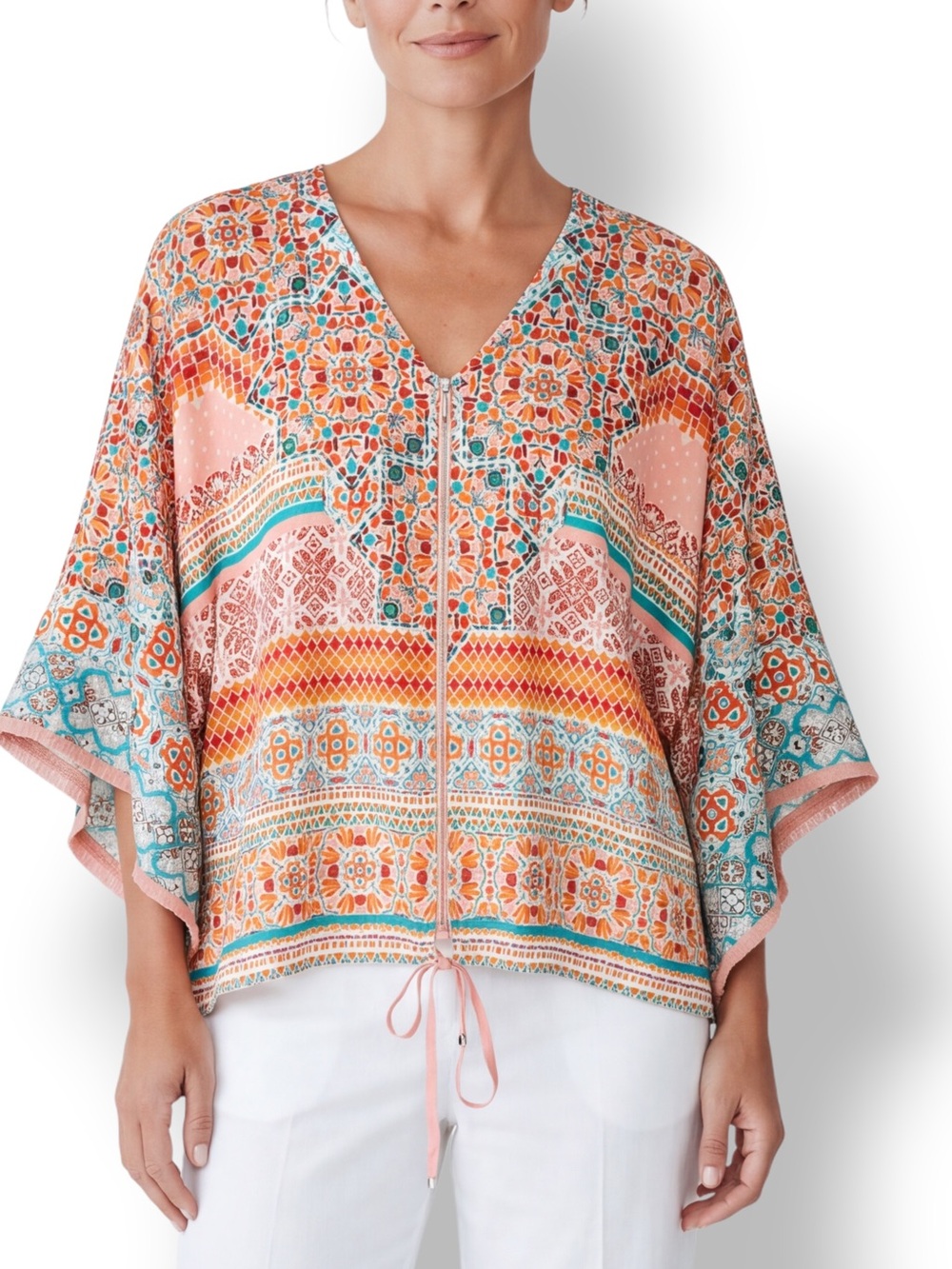 4/$20 Chico’s Mosaic Print Zip Front Kimono Sleeve Jacket Coral Teal Size 1 Med